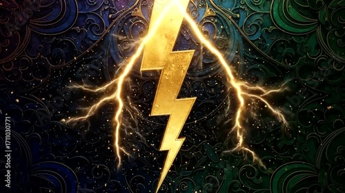 Dramatic lightning bolt graphic against a dark, ornate background.