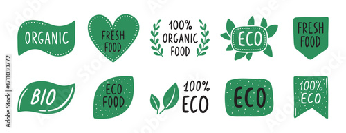 Oganic food Eco emblem icon set. hand drawn doodle 100 percent bio products stamp. green ecology guality market icons