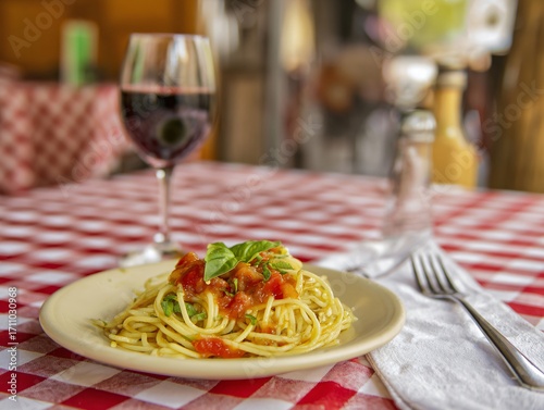 Delicious Italian spaghetti with tomato and basil, served with red wine on a cosy chequered table.