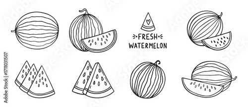 watermelon and watermelon slices summer doodle hand drawn icon set. Outline drawing watermelon line clipart symbol collection