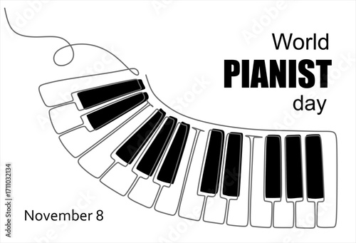 Continuous one line drawing of piano keys. World pianist day. Hand drawn one line vector. Editable stroke	