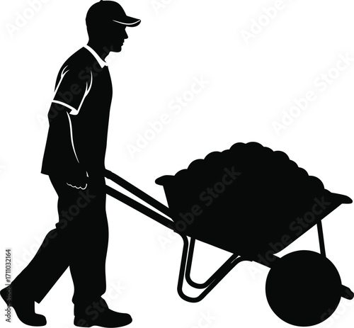 Wheelbarrow pusher. Men at work, man with wheelbarrow editable vector icon silhouette. Silhouette of a man pushing a cart wheelbarrow