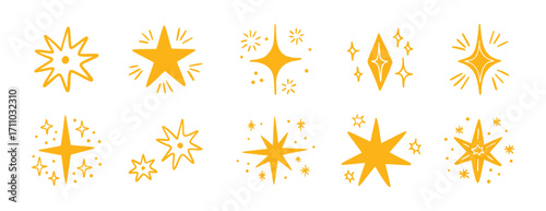 Boho doodle cute hand drawn yellow star set. Star element gold magic symbol decoration collection