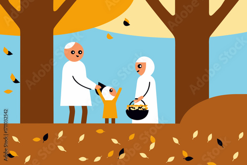 Elderly Muslim couple joyfully interacting with their grandson in autumn, surrounded by colorful leaves and trees, capturing the warmth of family moments in a seasonal setting