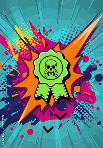 Embrace the vibrant new popart culture of 2025 with this explosion of dynamic color and rebellious energy, featuring a bold, impactful skull and crossbones badge illustration