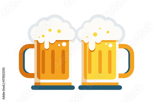 Two frothy beer mugs clinking together in celebration, showcasing golden liquid and white foam, symbolizing joy and camaraderie during festive Oktoberfest gatherings