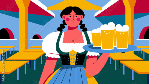 Woman in traditional attire holds a tray of beer mugs, surrounded by festive tables and colorful decorations, capturing the joyful spirit of a lively Oktoberfest celebration