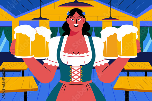 Woman in traditional attire joyfully holds multiple beer mugs, surrounded by festive atmosphere, showcasing vibrant colors and lively Oktoberfest celebration spirit