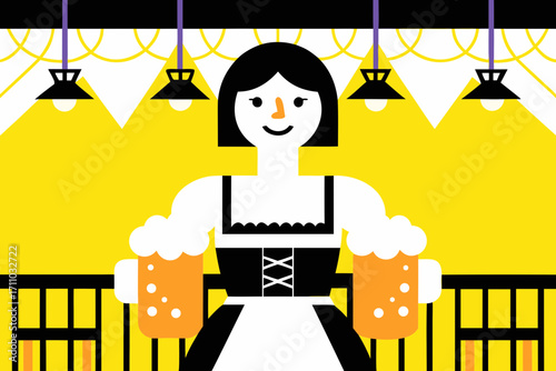 Cheerful woman in traditional attire holds two beer mugs in a vibrant celebration atmosphere, surrounded by festive decorations and warm lighting, embodying Oktoberfest spirit