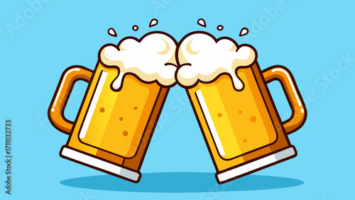 Two frothy beer mugs clinking together in celebration, showcasing a festive atmosphere with vibrant colors and joyful spirit, perfect for Oktoberfest-themed designs and promotions