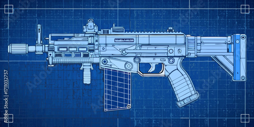 Technical drawing of a machine gun in blueprint vector style, showcasing intricate details, components, and design elements for engineering and military applications