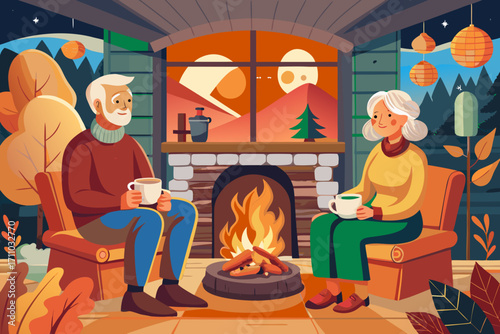 Senior couple enjoying warm beverages by a cozy fireplace, surrounded by autumn leaves and a scenic view, capturing the essence of fall activities and togetherness