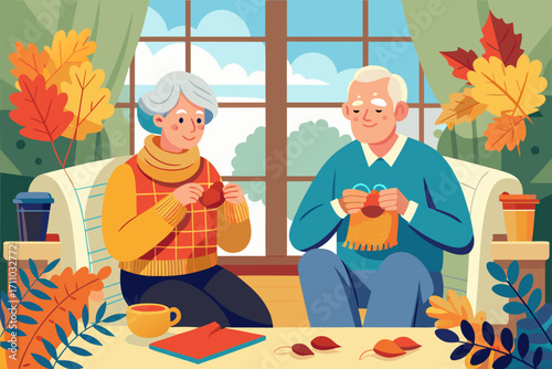 Senior couple engaged in cozy fall activities, knitting together by a window surrounded by colorful autumn leaves, creating a warm and inviting atmosphere with copy space