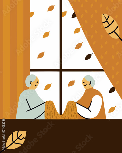 Two seniors engaged in a cozy indoor activity, knitting together by a window adorned with autumn leaves, creating a warm and inviting fall atmosphere