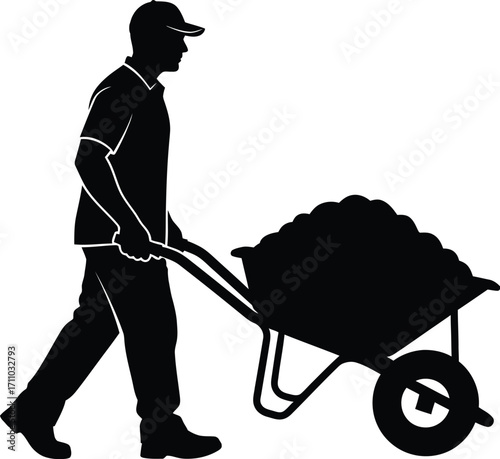 Wheelbarrow pusher. Men at work, man with wheelbarrow editable vector icon silhouette. Silhouette of a man pushing a cart wheelbarrow
