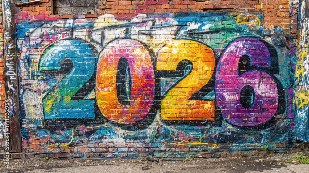 Fototapeta premium Colorful graffiti 2026 painted on old brick wall. Urban street art with vibrant spray paint textures and grunge background 