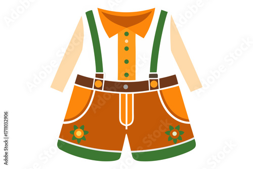 Traditional Bavarian lederhosen outfit with vibrant colors and floral designs, showcasing cultural heritage and festive spirit during Oktoberfest celebrations