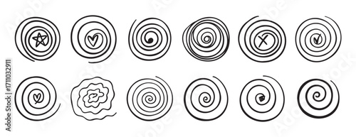 Doodle spiral swirl motion element set. abstract hand drawn round spiral line. spiral with a symbol inside