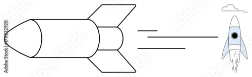 Rocket launching with streamlined design and minimalist lines. Ideal for innovation, startup, progress, exploration, creativity, technology advancement, and vision. Simple flat metaphor