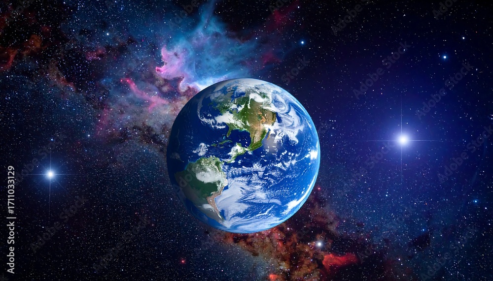 Obraz premium A vibrant depiction of Earth against a backdrop of stars and nebulae, highlighting continents and oceans