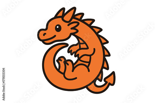 Compact cartoon dragon in vibrant colors, tail wrapped around body, flat vector illustration for apps, fantasy art, and design resources.