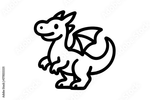 Minimalist black flat dragon icon, cartoon style, clean outline, simple vector symbol for fantasy themes and creative design