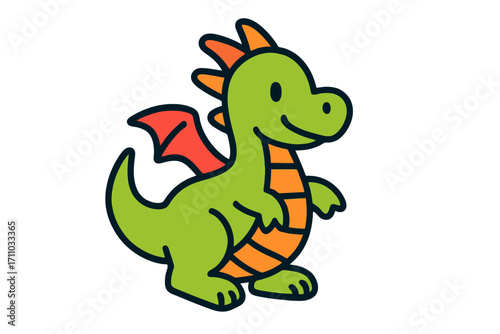 Vibrant dragon cartoon icon with thick outline and simple shapes, flat vector illustration for apps, fantasy art, and stock resources.