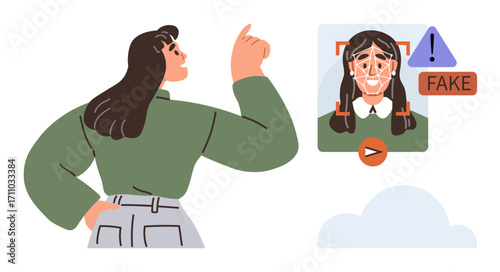 Woman pointing at screen with AI face analysis and fake alert. Ideal for media verification, AI ethics, cybersecurity, misinformation awareness, online safety, detection tools, simple flat metaphor