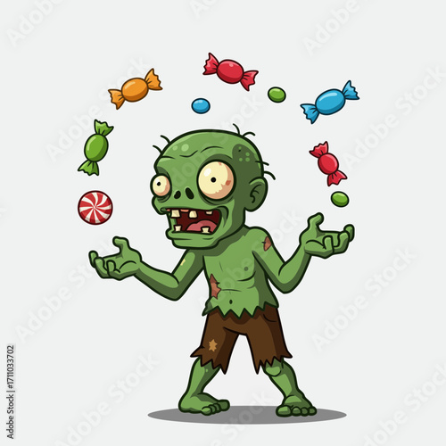 Hilarious Halloween Zombie Juggling Colorful Candy - Perfect for Spooky Fun, Comic Designs, and Festive Invitations with Playful, Unique Charm
