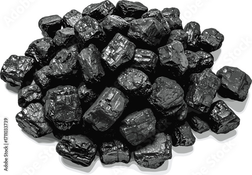 Coal Illustration Featuring Glossy Black Bituminous and Anthracite Pieces, Energy Resource, Fossil Fuel, Industrial Texture, Geology Graphic