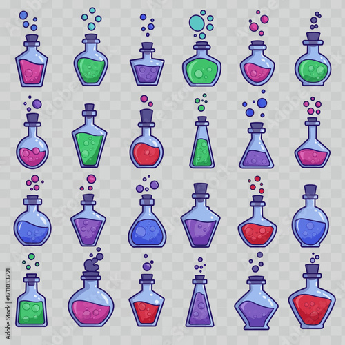 Whimsical potion bottles bubbling with colorful magic, perfect for fantasy games, Halloween themes, and creative designs, originally vector graphic