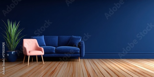 A stylish living room scene showcases a deep navy blue sofa and a complementary coral armchair, set against a dramatic navy wall, creating a sophisticated and calming atmosphere.