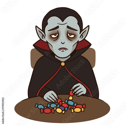 Melancholy vampire counts his Halloween candy haul, feeling a little blue during the spooky season, a vector illustration for festive designs