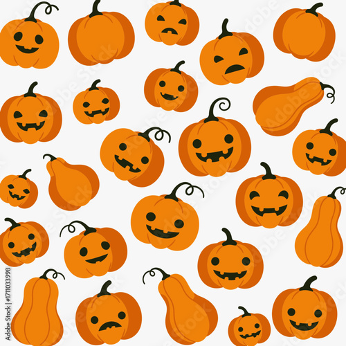 Delightful Halloween pumpkin patch pattern with playful jack-o'-lantern faces, ready for festive designs and seasonal celebrations, originally a vector graphic