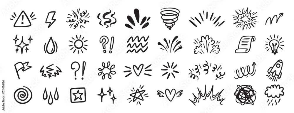 Fototapeta premium Comic effect icon set, manga doodle elements collection. Retro anime movement, exclamation and emphasis expressions. Doodle emotion of character in comic style