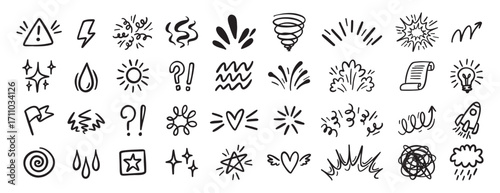 Comic effect icon set, manga doodle elements collection. Retro anime movement, exclamation and emphasis expressions. Doodle emotion of character in comic style