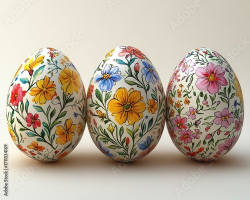 Three decorated eggs in a row against a plain background.  Colorful floral patterns