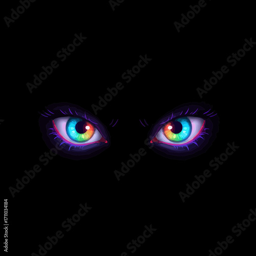 Intense rainbow eyes with alluring eyelashes convey mystery and fantasy, perfect for captivating designs and creative projects like posters and art