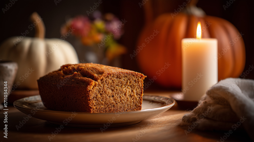 Fototapeta premium Close-Up of a Lit Candle Next to a Slice of Pumpkin Bread