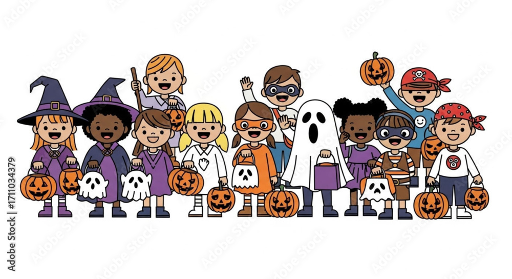 Naklejka premium Diverse group of happy children in colorful Halloween costumes holding pumpkins and candy bags