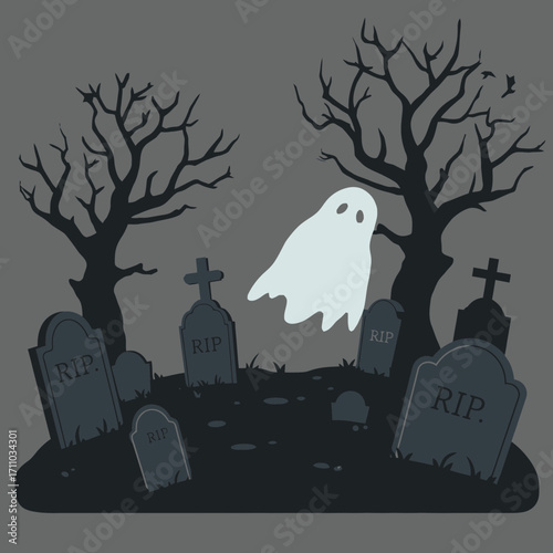 Spooky Halloween night scene with friendly ghost, graveyard tombstones, and bare trees, perfect for invitations, posters, and seasonal designs
