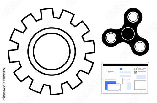 Gear symbolizing process, fidget spinner for focus, and UI window for planning. Ideal for teamwork, productivity, creativity, innovation, brainstorming multitasking workflow. Simple flat metaphor