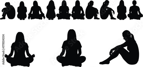 Seated Pose Silhouette Set Featuring Cross-Legged, Hugging Knees, Meditative, Relaxed Postures, Human Figure Reference for Art and ErgonomicsSeated Pose 