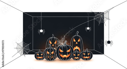 Spooky carved pumpkins with glowing faces and hanging spiders create a festive Halloween scene