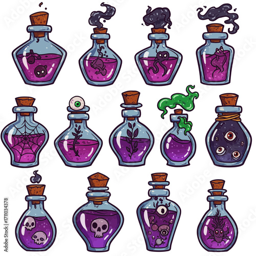 Whimsical witch potion bottles for Halloween celebrations, spooky season designs, and magical themed events, perfect for adding a touch of enchantment