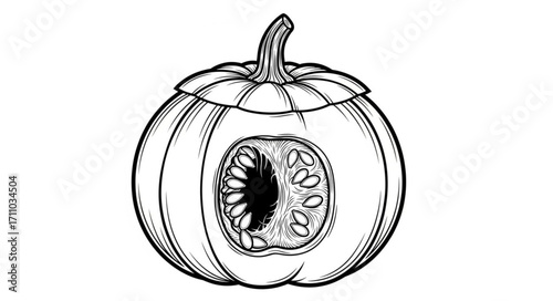 Detailed illustration of a halved pumpkin revealing its inner seeds and flesh.