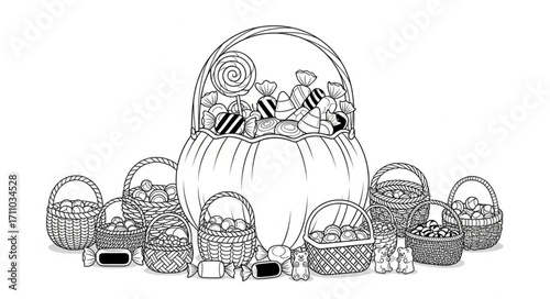 A bountiful assortment of Halloween candy overflowing from a large pumpkin basket, surrounded by smaller baskets filled with treats.