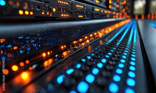 Close-up of a server rack with illuminated components