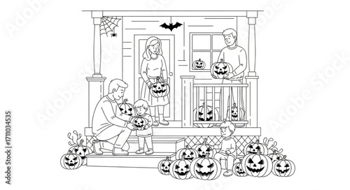 Family joyfully carves pumpkins together on porch for Halloween fun