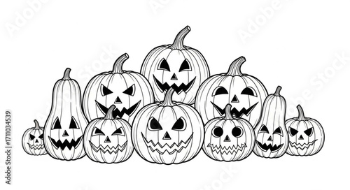 Spooky Halloween pumpkins carved with scary faces, ready for trick-or-treaters.